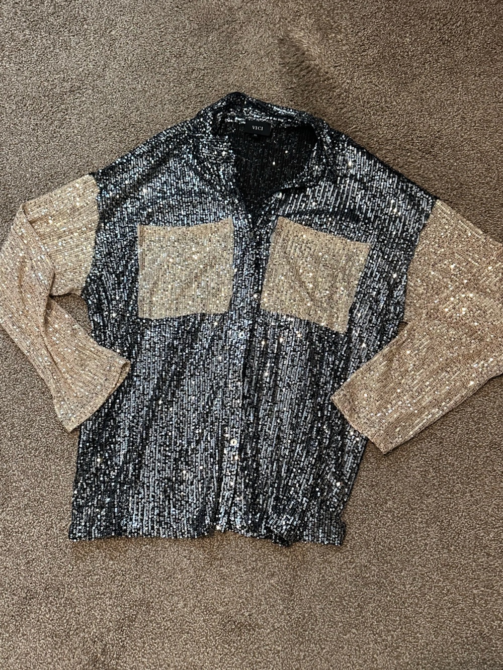 VICI Sequin Button Front Shirt Black/Champagne XL